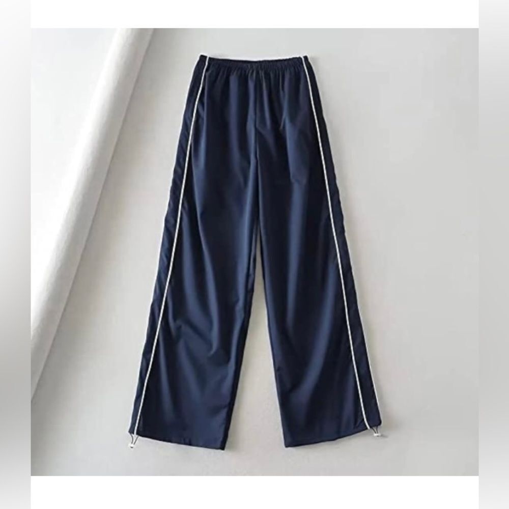 Black Women Y2K Baggy Track Pants Elastic Waist Wide Leg Parachute Pants - Picture 3 of 7